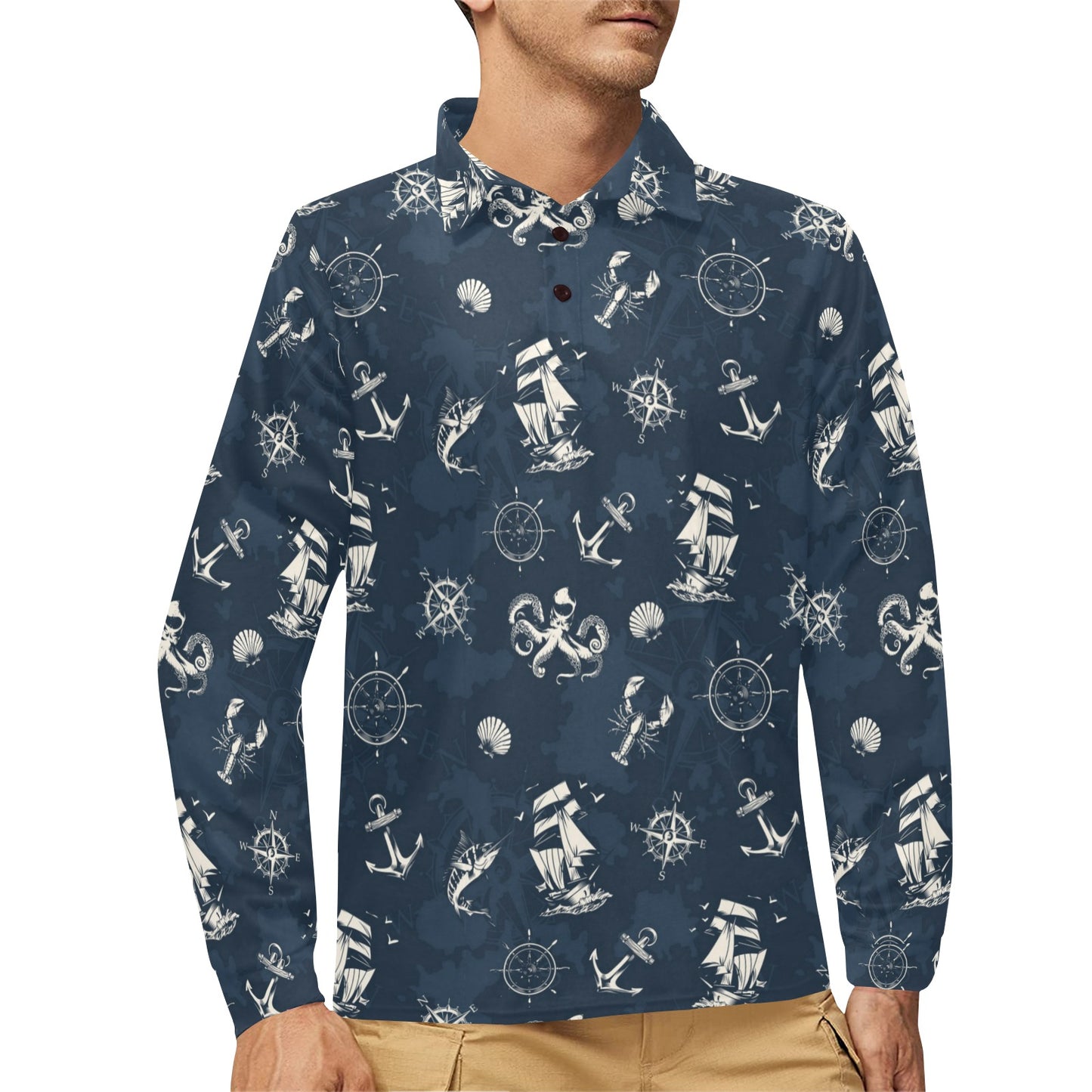 Nautical Sea Themed Print Long Sleeve Polo Shirt For Men's