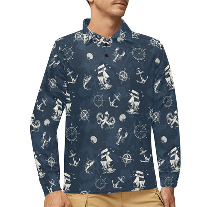 Nautical Sea Themed Print Long Sleeve Polo Shirt For Men's