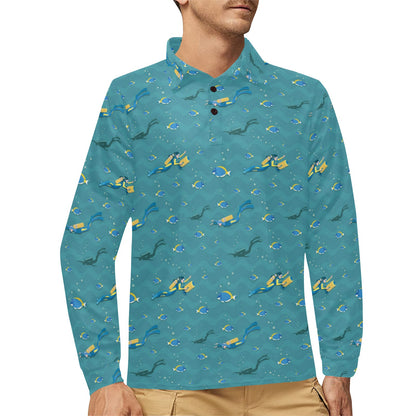 Scuba Driving Pattern Print Design LKS306 Long Sleeve Polo Shirt For Men's