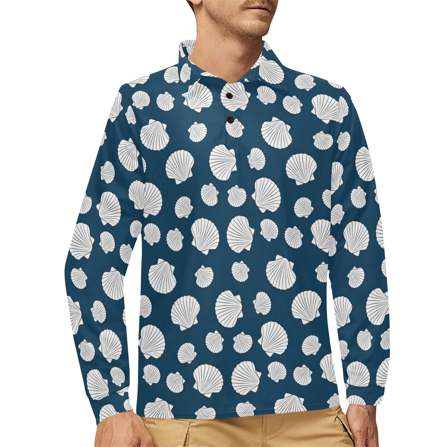 Seashell Print Design LKS3012 Long Sleeve Polo Shirt For Men's