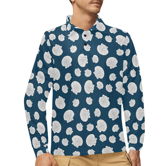 Seashell Print Design LKS3012 Long Sleeve Polo Shirt For Men's