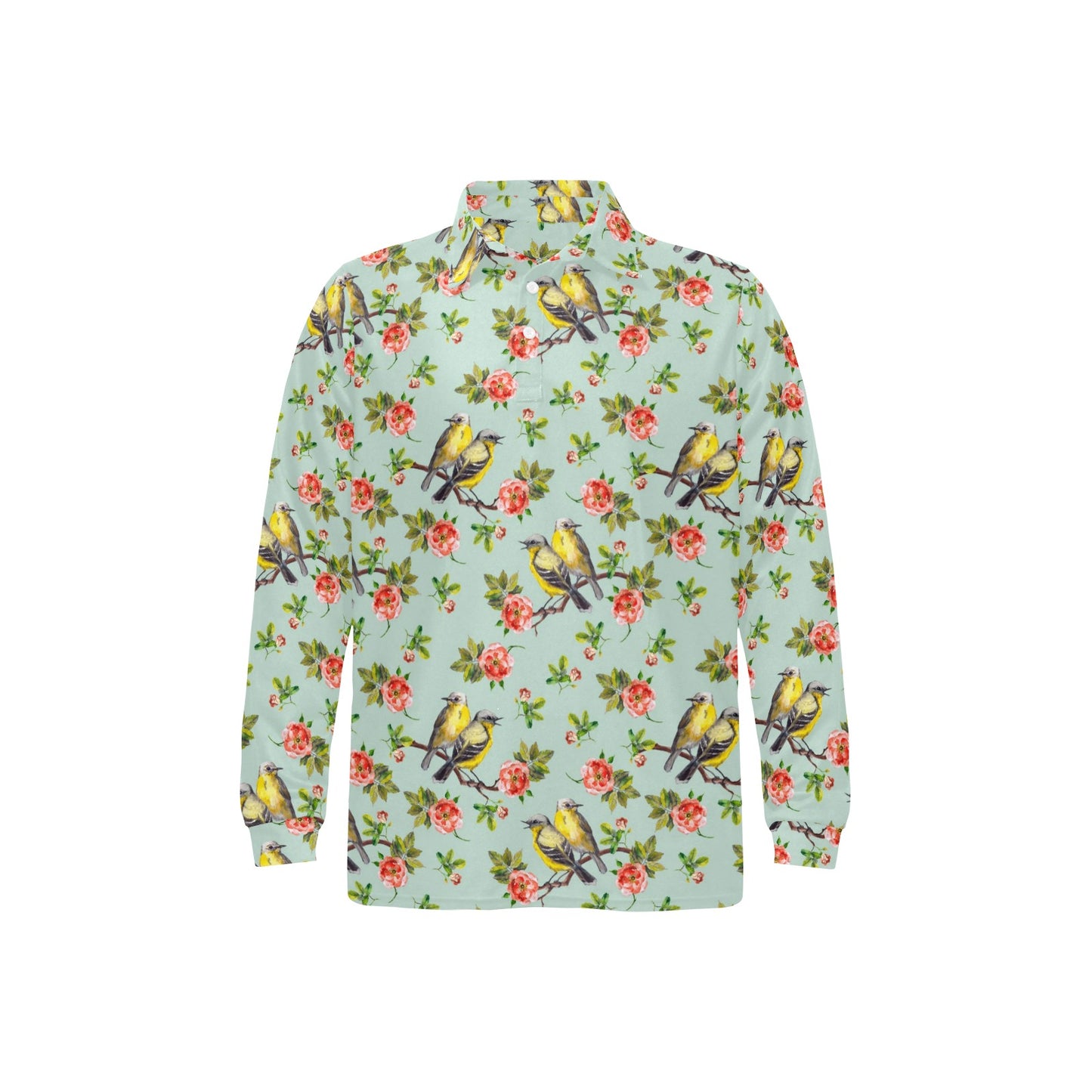 Bird with Red Flower Print Pattern Long Sleeve Polo Shirt For Men's