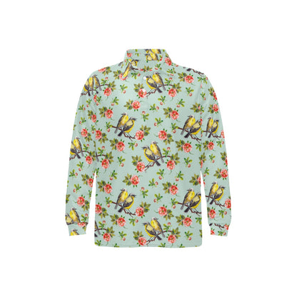 Bird with Red Flower Print Pattern Long Sleeve Polo Shirt For Men's
