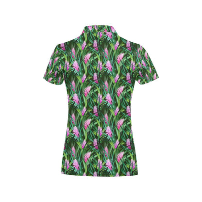 Tropical Folower Pink Heliconia Print Women's Polo Shirt