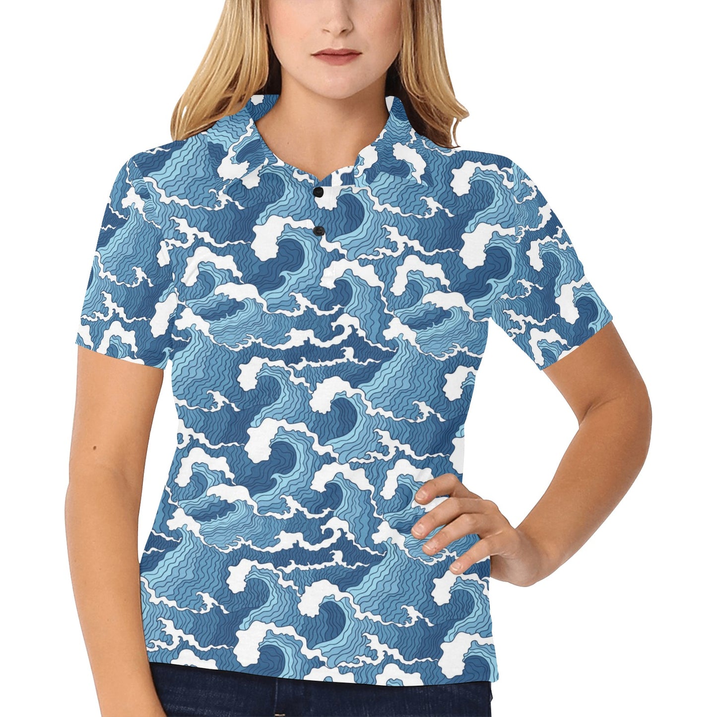 Wave Themed Pattern Print Women's Polo Shirt