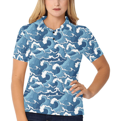 Wave Themed Pattern Print Women's Polo Shirt