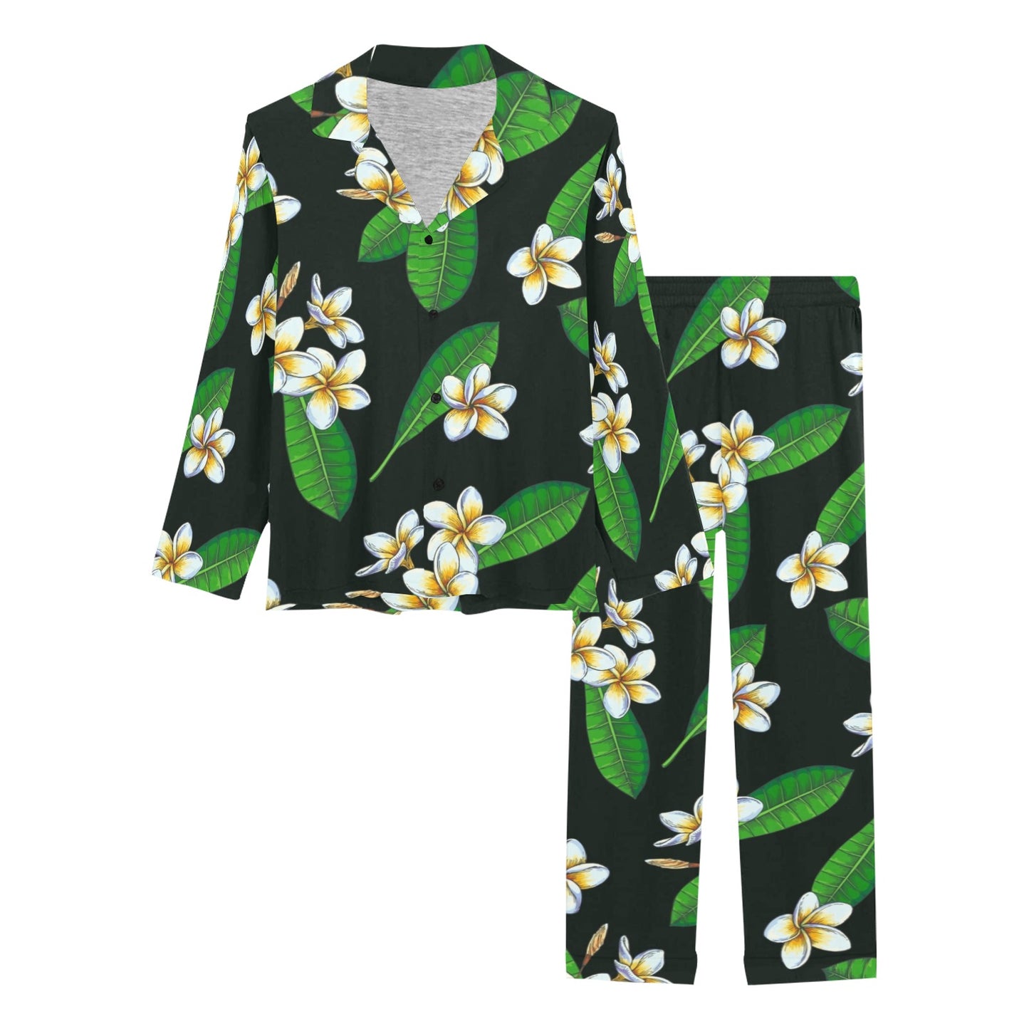 White Plumeria Pattern Print Design PM023 Women's Long Pajama Set