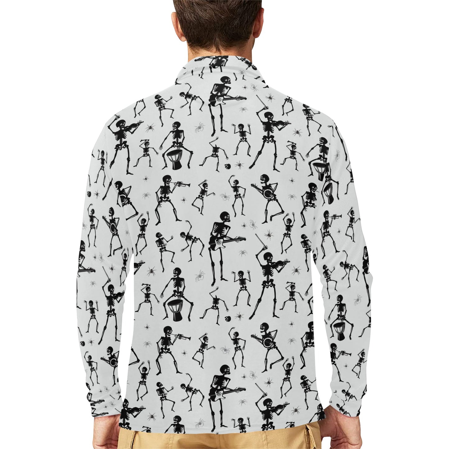 Skeleton Music Player Print Design LKS303 Long Sleeve Polo Shirt For Men's