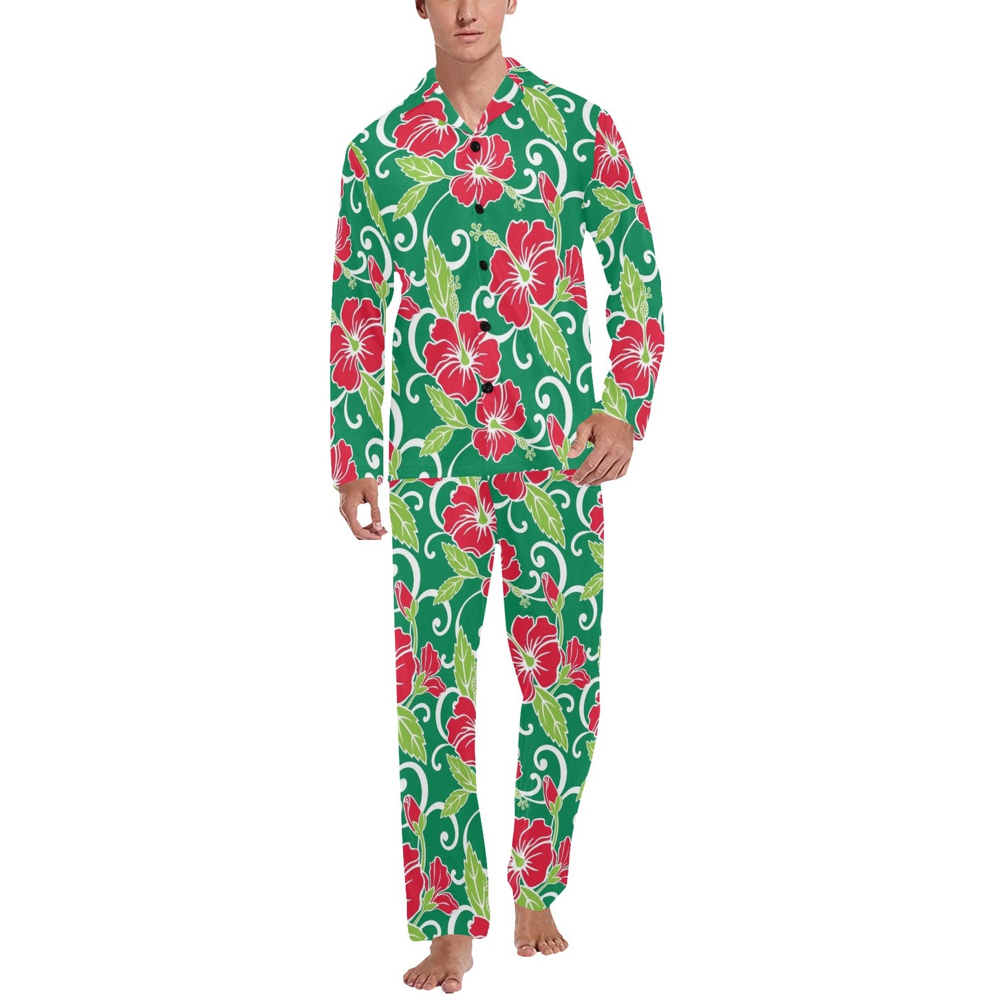 Red Hibiscus Pattern Print Design HB019 Men's Long Pajama Set