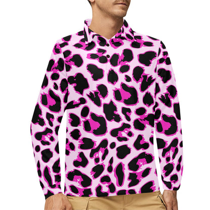Pink Leopard Print Long Sleeve Polo Shirt For Men's