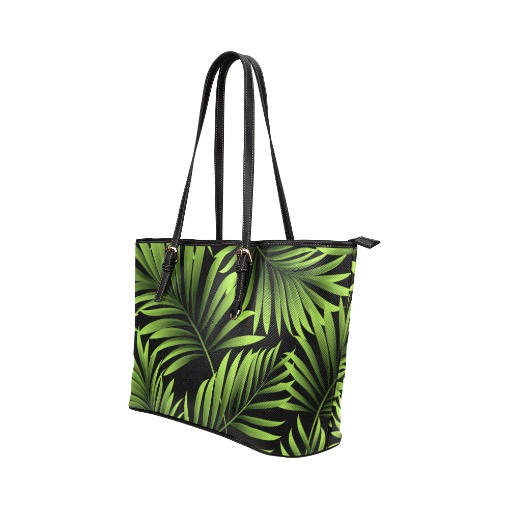 Green Neon Tropical Palm Leaves Leather Tote Bag