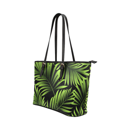Green Neon Tropical Palm Leaves Leather Tote Bag
