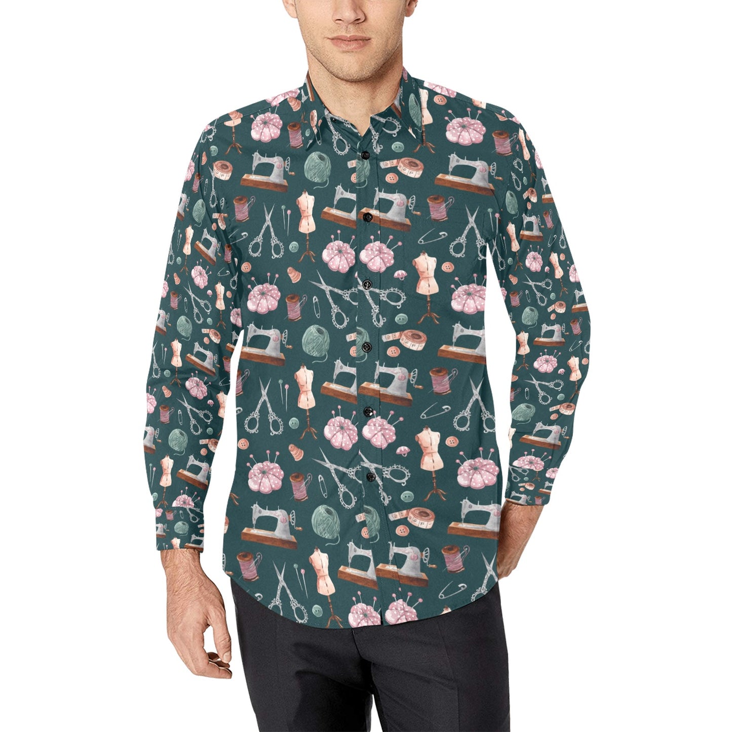 Sewing Equipment Print Design LKS307 Men's Long Sleeve Dress Shirt
