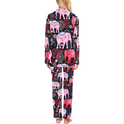 Pink Elephant Pattern Women's Long Pajama Set