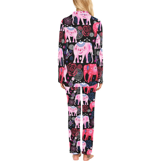 Pink Elephant Pattern Women's Long Pajama Set