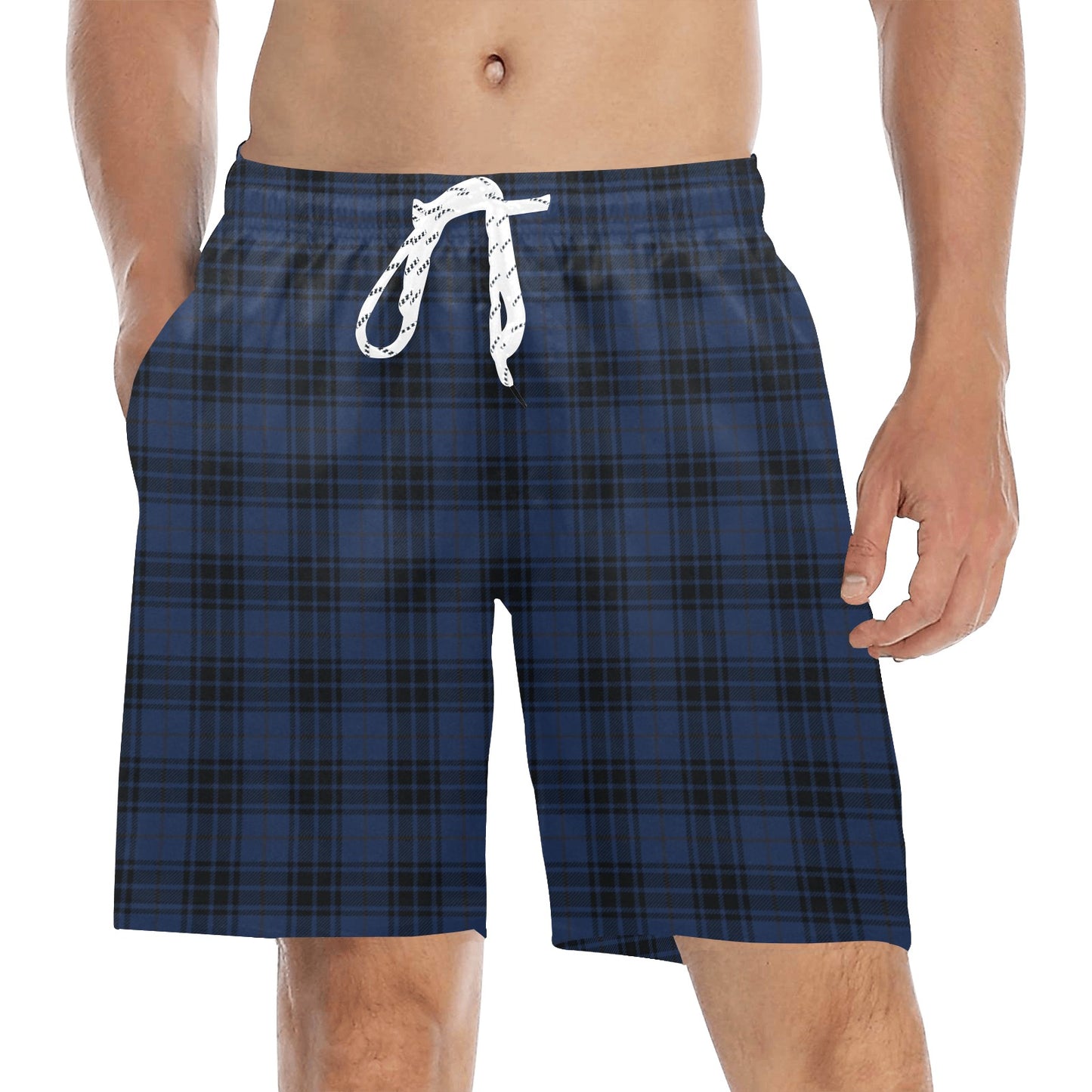 Navy Blue Tartan Plaid Pattern Men's Swim Trunks Beach Shorts