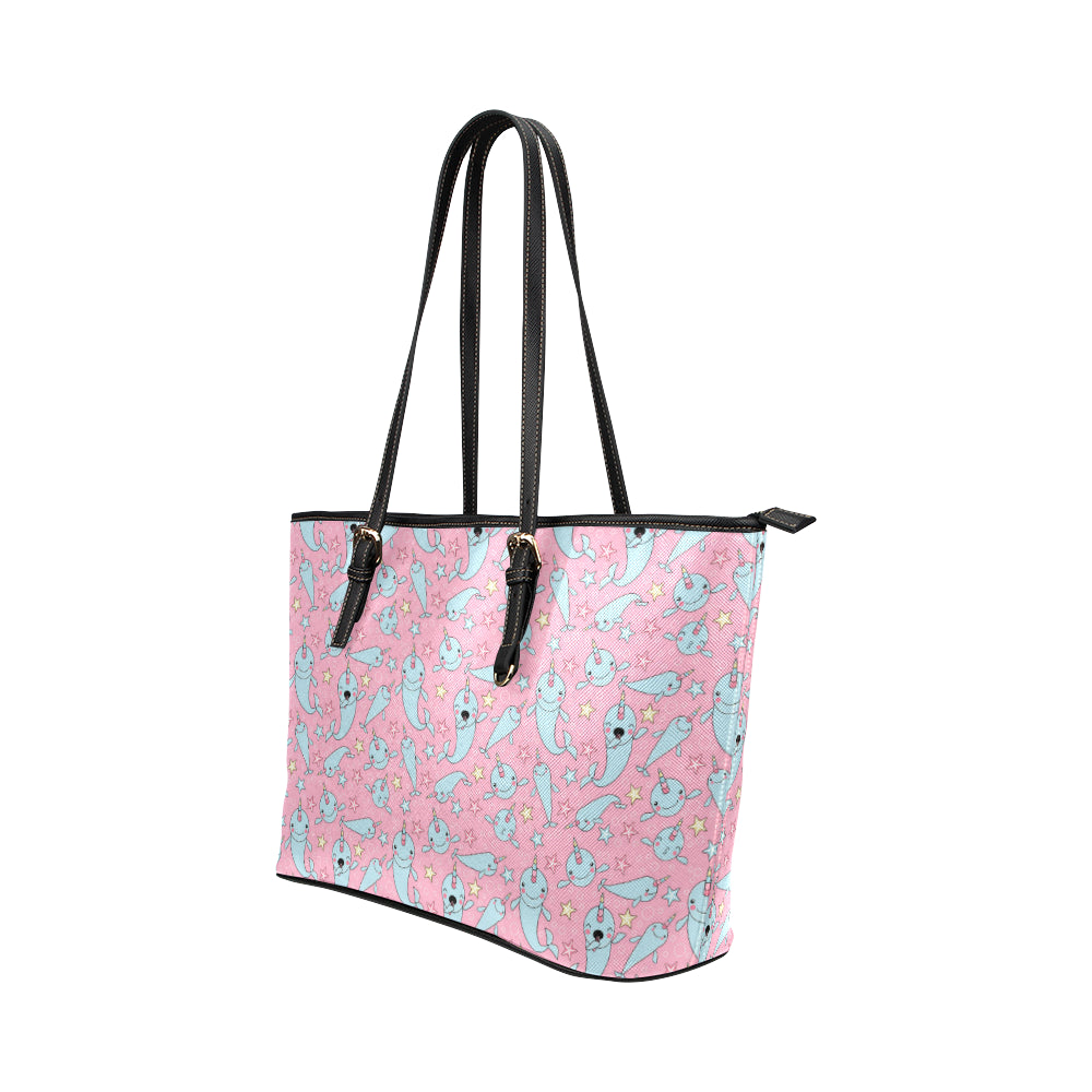 Narwhal Cartoon Cute Print Leather Tote Bag