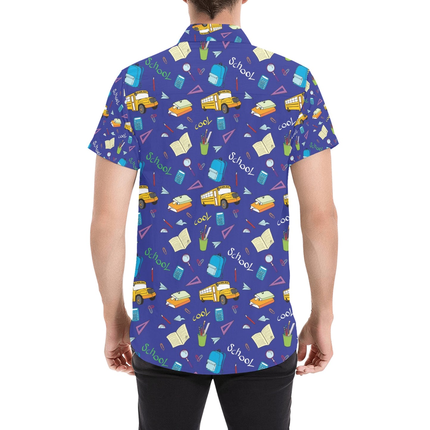 School Bus Print Design LKS307 Men Short Sleeve Button Up Shirt