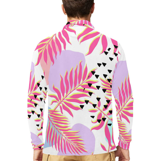 Pink Tropical Palm Leaves Long Sleeve Polo Shirt For Men's
