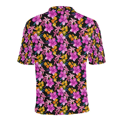 Tropical Folower Pink Hibiscus Print Men Polo Shirt