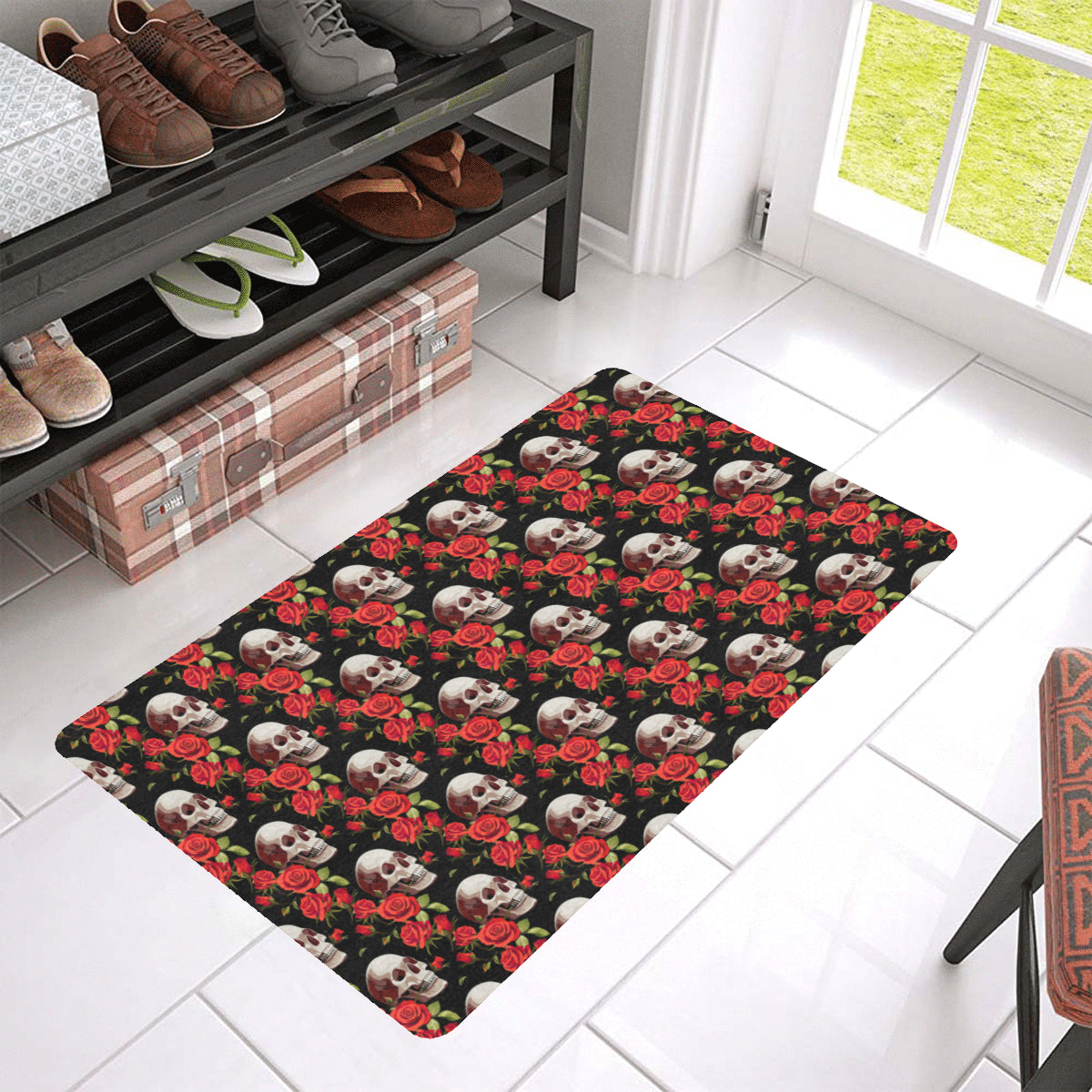 Red Rose Skull Design Print Rubber Doormat