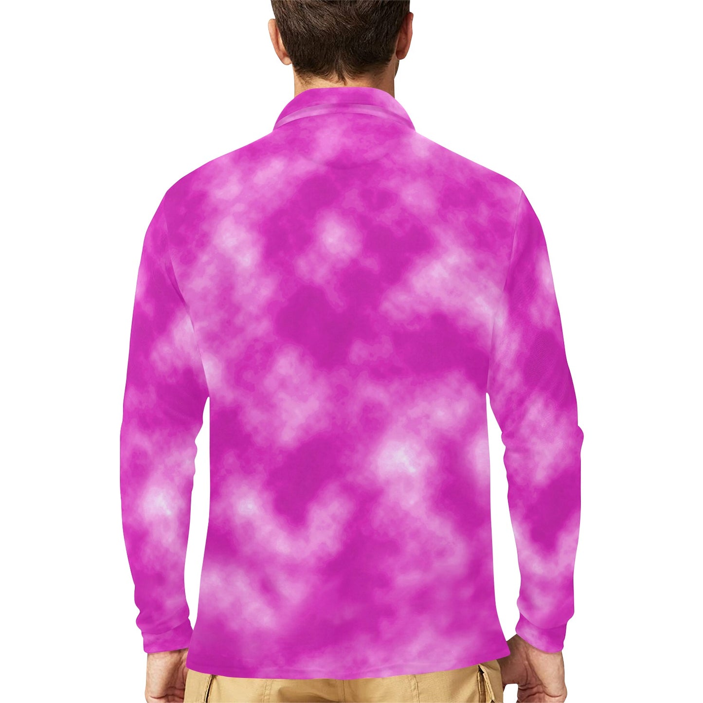 Tie Dye Pink Design Print Long Sleeve Polo Shirt For Men's