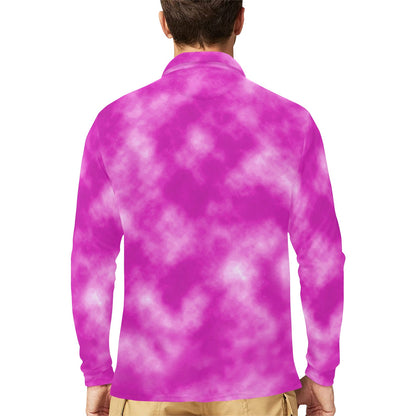 Tie Dye Pink Design Print Long Sleeve Polo Shirt For Men's