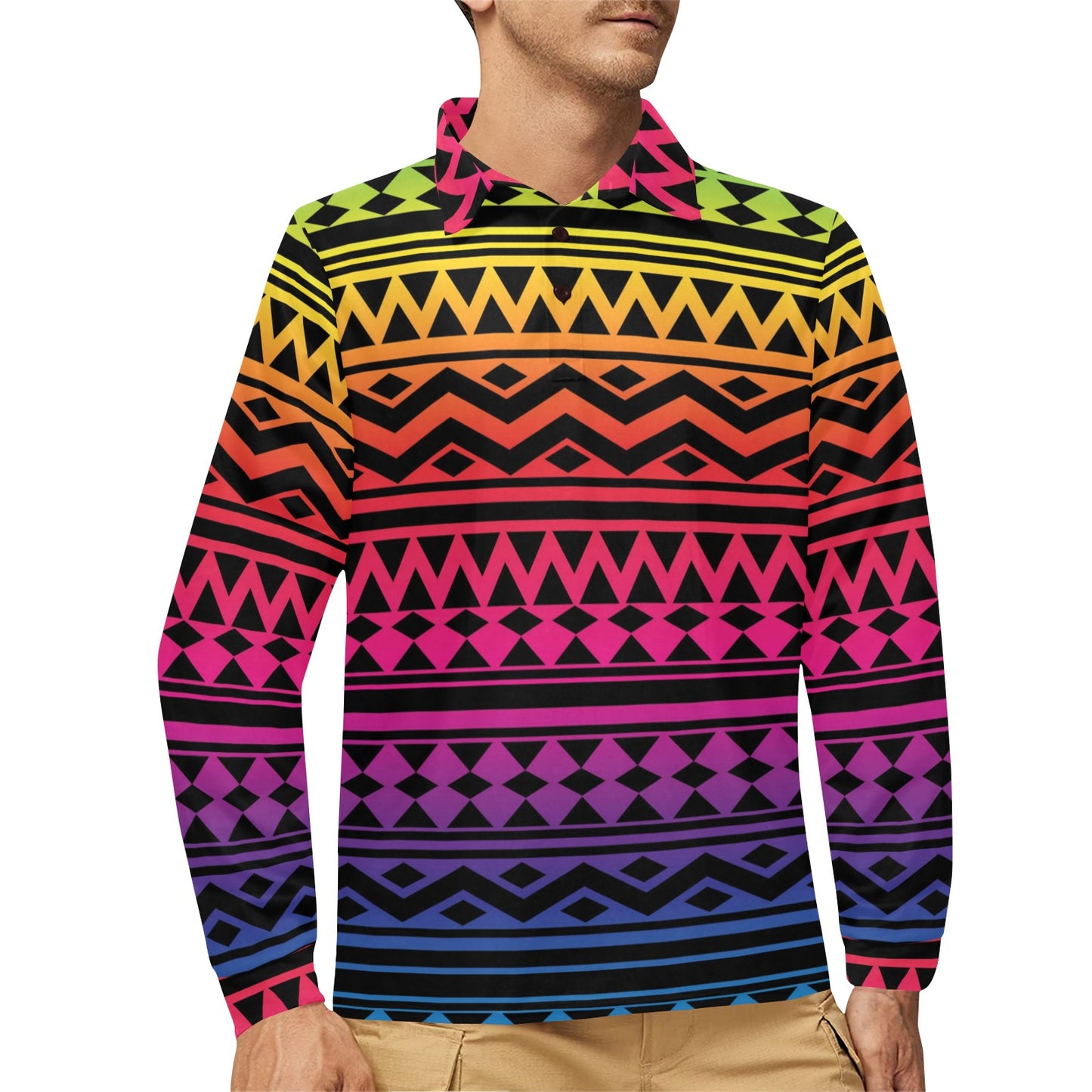 Rainbow Tribal Pattern Print Design A02 Long Sleeve Polo Shirt For Men's