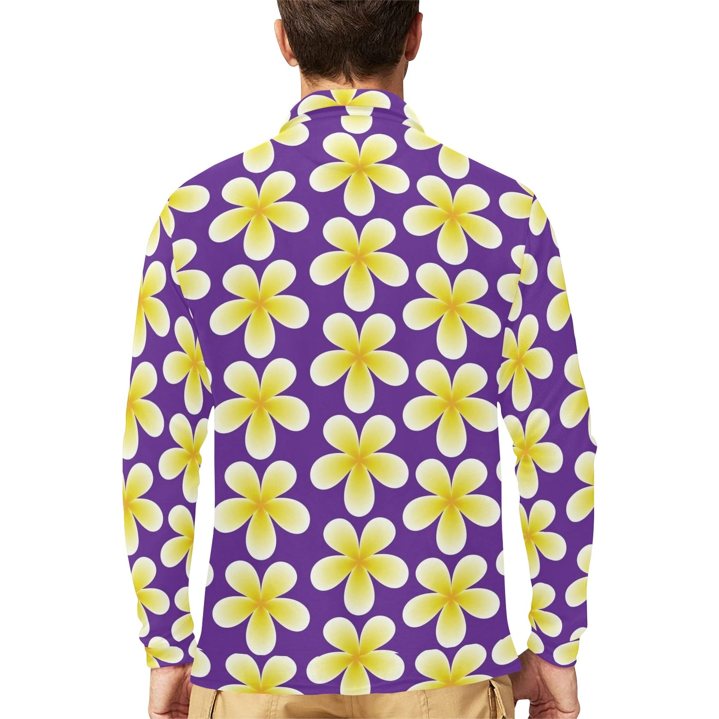 Yellow Plumeria Pattern Print Design PM05 Long Sleeve Polo Shirt For Men's