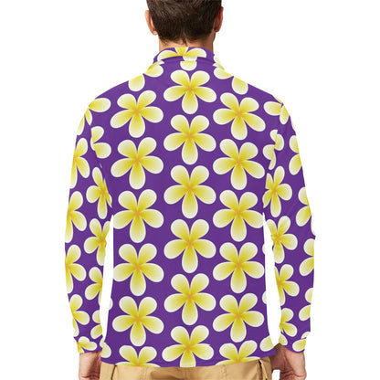 Yellow Plumeria Pattern Print Design PM05 Long Sleeve Polo Shirt For Men's