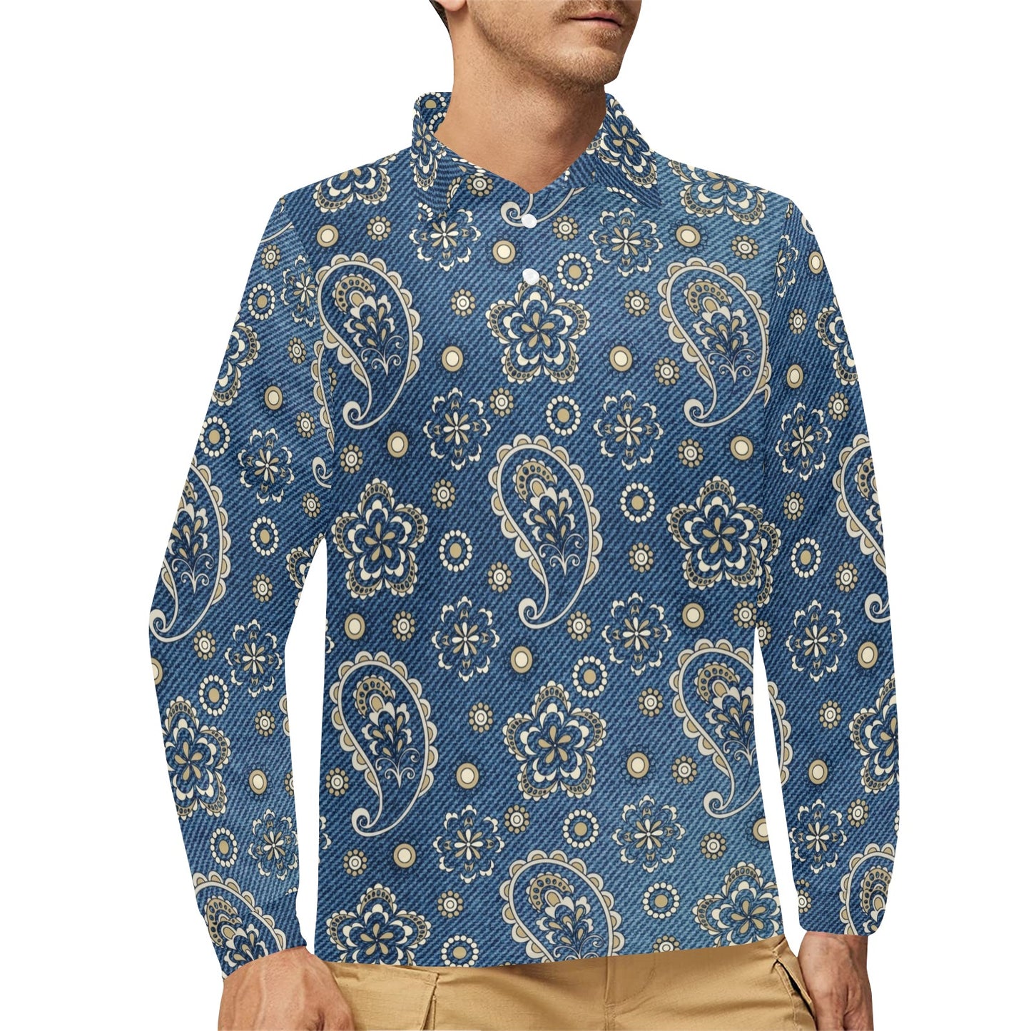 Jean Paisley Pattern Print Design 01 Long Sleeve Polo Shirt For Men's