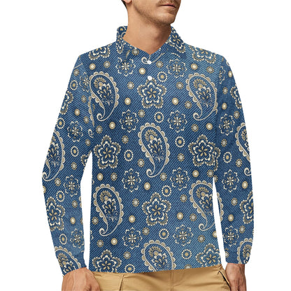 Jean Paisley Pattern Print Design 01 Long Sleeve Polo Shirt For Men's