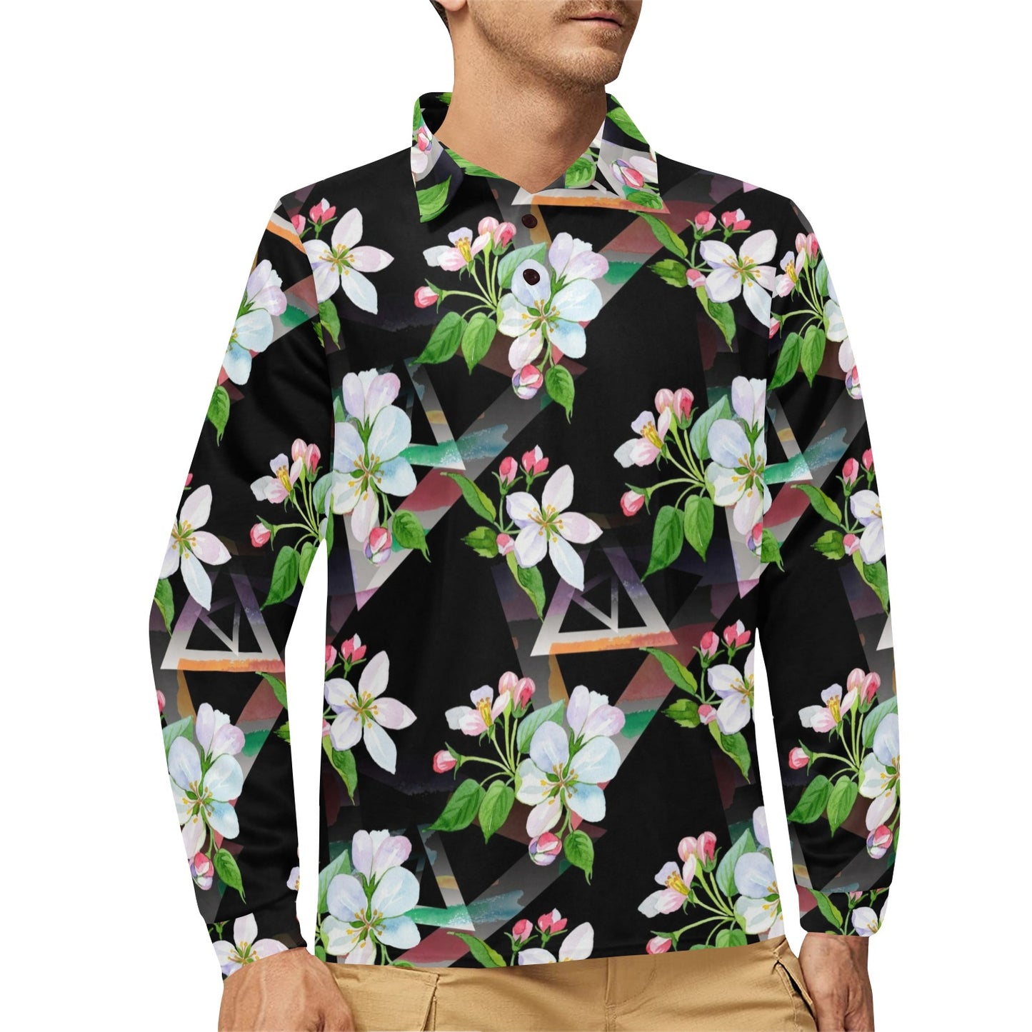 Apple blossom Pattern Print Design AB07 Long Sleeve Polo Shirt For Men's
