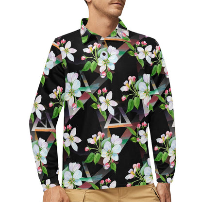 Apple blossom Pattern Print Design AB07 Long Sleeve Polo Shirt For Men's
