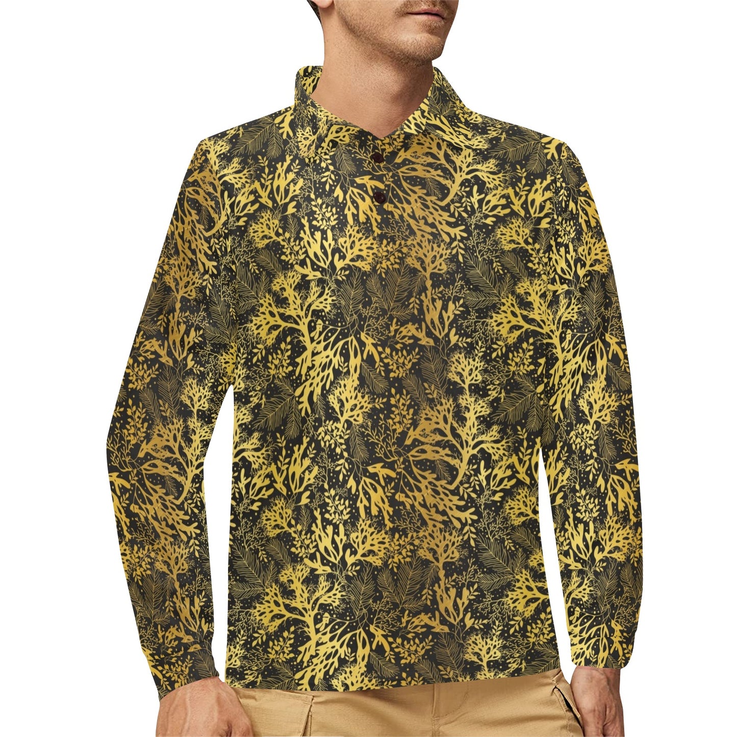 Seaweed Print Design LKS303 Long Sleeve Polo Shirt For Men's
