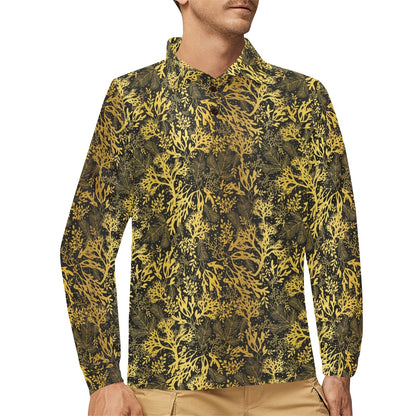 Seaweed Print Design LKS303 Long Sleeve Polo Shirt For Men's