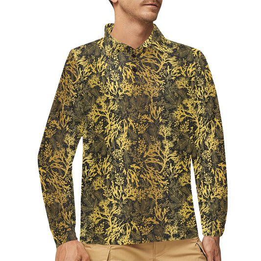 Seaweed Print Design LKS303 Long Sleeve Polo Shirt For Men's