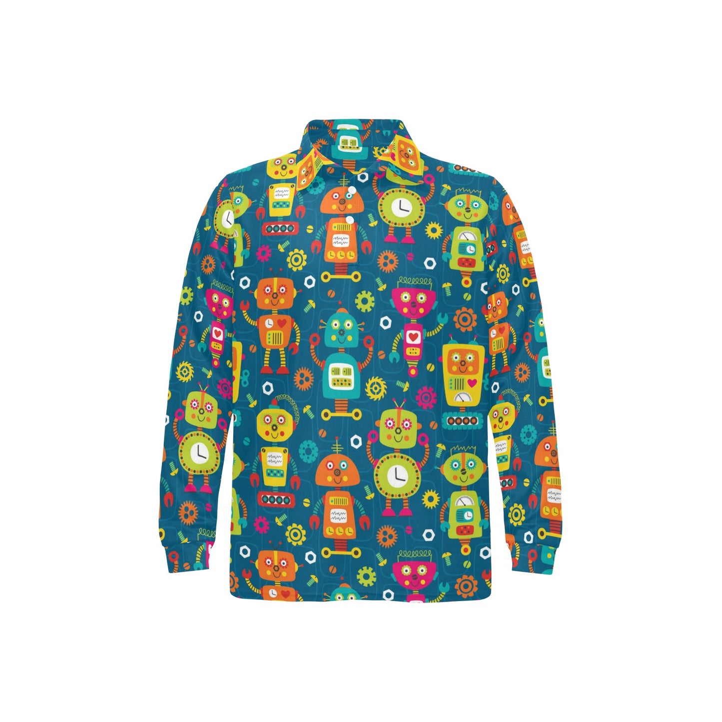 Robot Pattern Print Design A04 Long Sleeve Polo Shirt For Men's