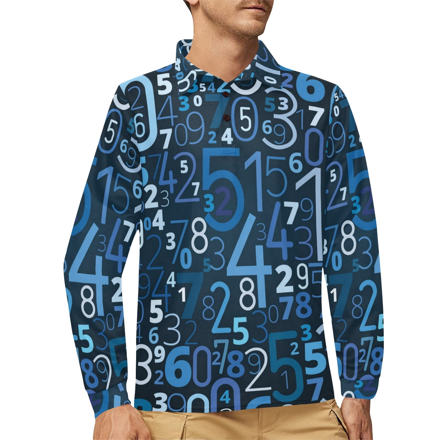 Number Pattern Print Design A02 Long Sleeve Polo Shirt For Men's