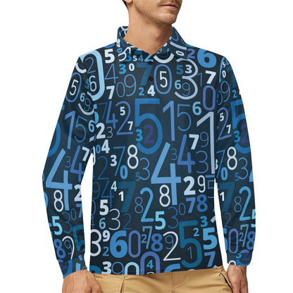 Number Pattern Print Design A02 Long Sleeve Polo Shirt For Men's