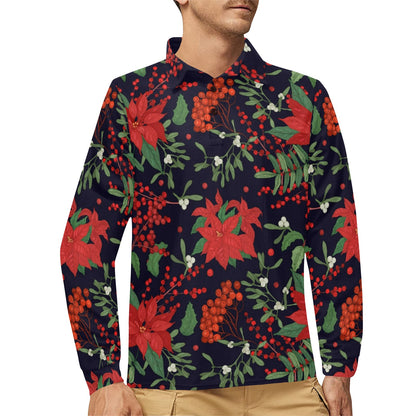 Poinsettia Pattern Print Design POT02 Long Sleeve Polo Shirt For Men's