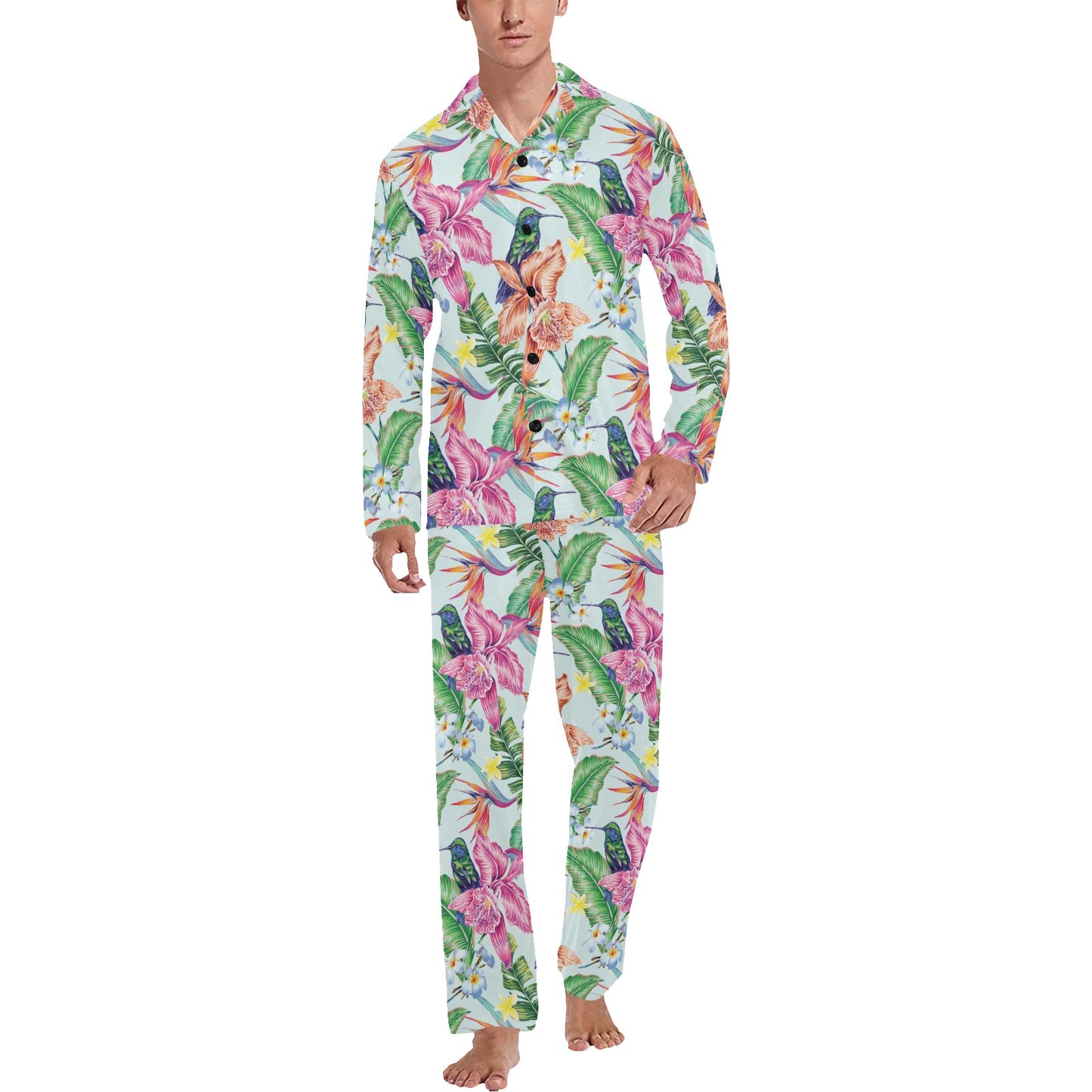 Hummingbird Tropical Pattern Print Design 05 Men's Long Pajama Set