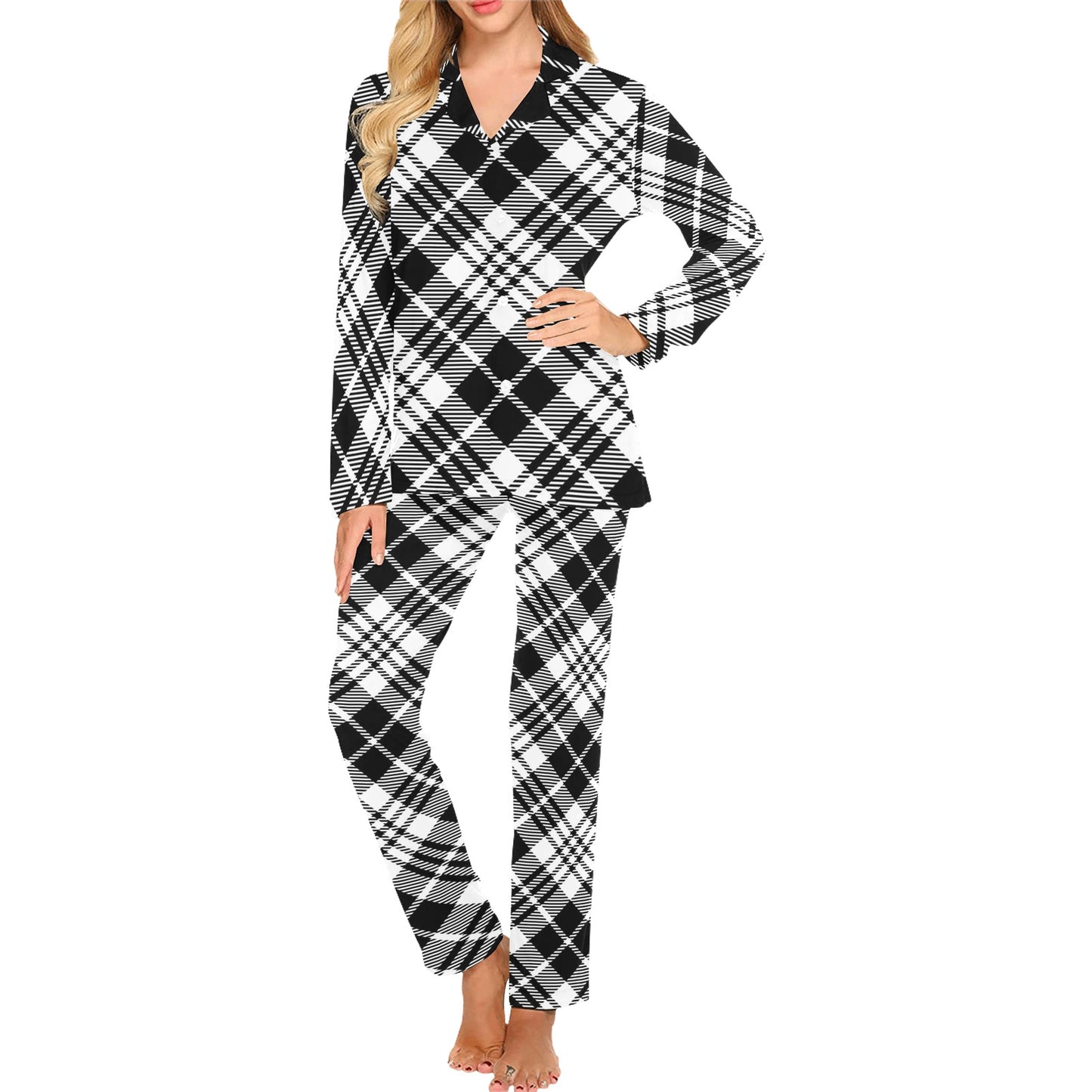Plaid Black White Pattern Print Design A02 Women's Long Pajama Set