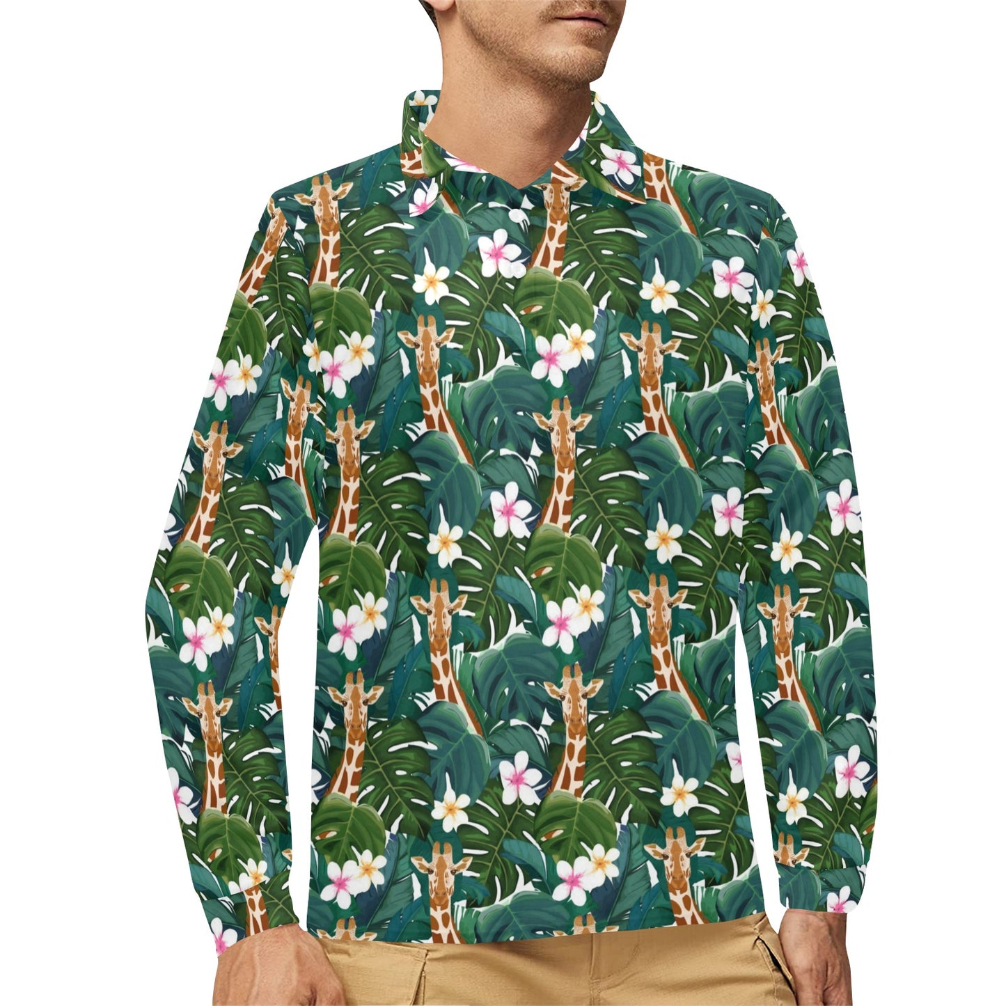 Giraffe Jungle Design Print Long Sleeve Polo Shirt For Men's
