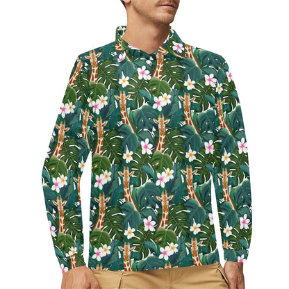 Giraffe Jungle Design Print Long Sleeve Polo Shirt For Men's