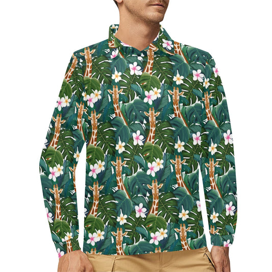Giraffe Jungle Design Print Long Sleeve Polo Shirt For Men's