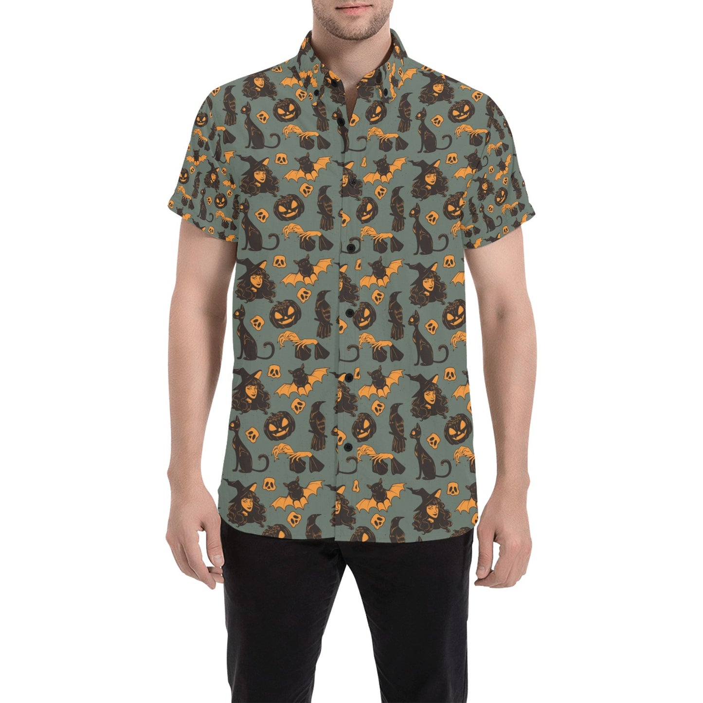 Witch Bat Halloween Print Design LKS305 Men Short Sleeve Button Up Shirt