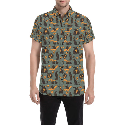Witch Bat Halloween Print Design LKS305 Men Short Sleeve Button Up Shirt