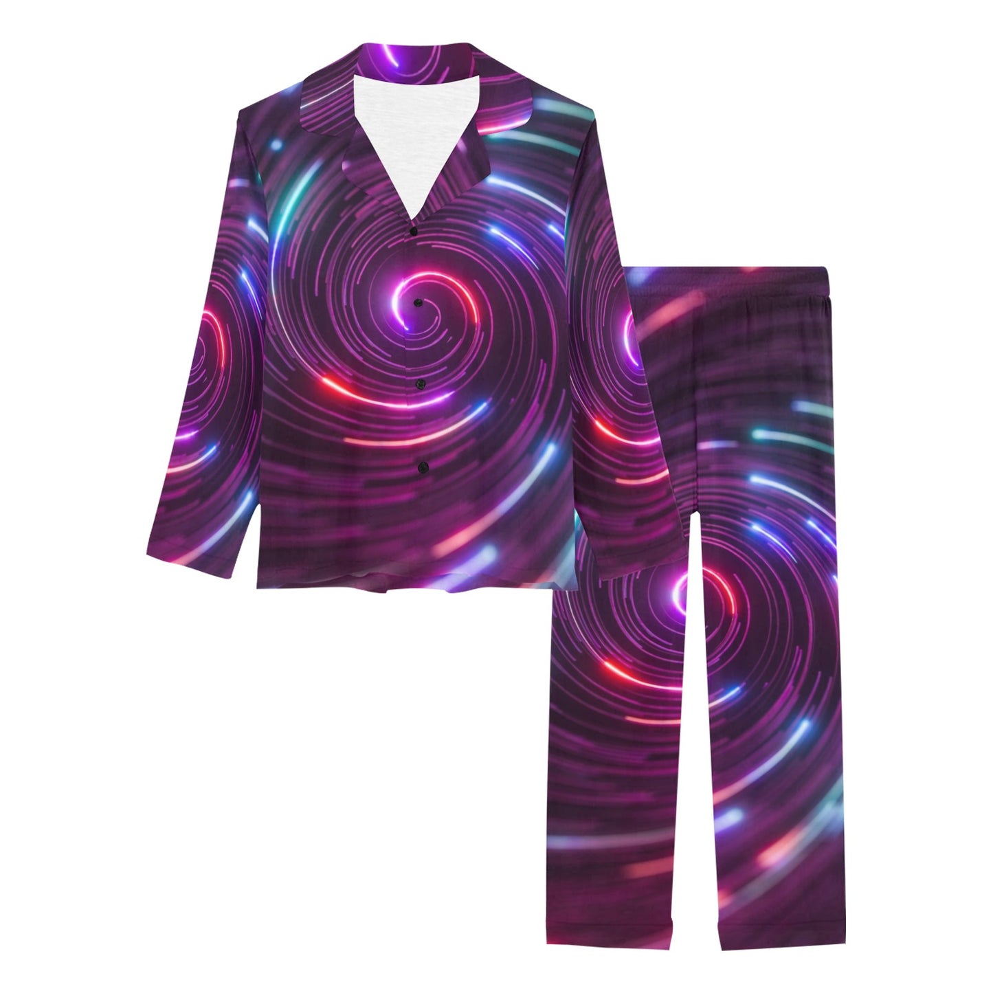 Vortex Twist Swirl Purple Neon Print Women's Long Pajama Set