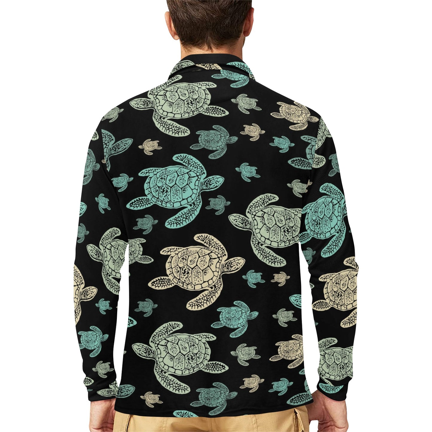 Sea Turtle Stamp Pattern Long Sleeve Polo Shirt For Men's